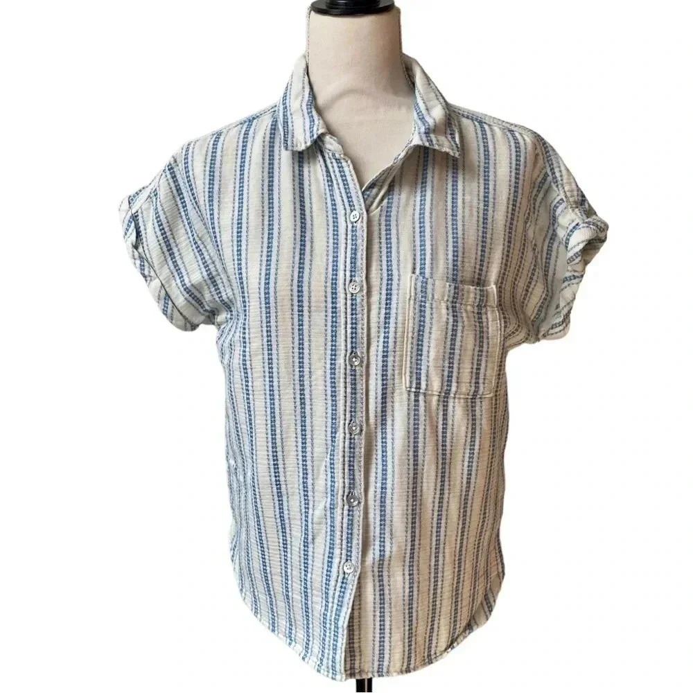 Faherty Avery Organic Cotton Gauze Camp Shirt Blue White Stripe XS - Picture 3 of 14